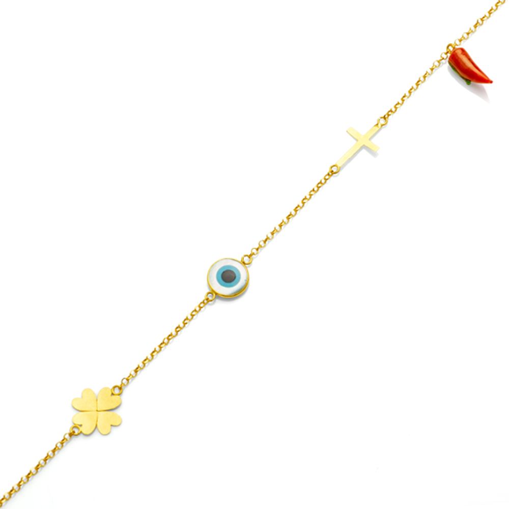Pimenta Em Ponto Cruz Pulseira em Ouro 18k Com Pingentes Pimenta Olho Grego Cruz e Trevo