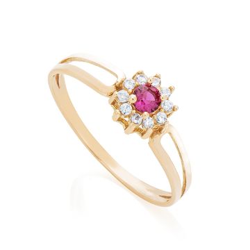 Anel de Ouro Dezoito Kilates Formatura Flor Zircônia Vermelha e Branca Joiasgold
