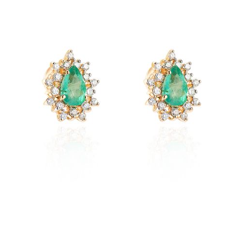 Brinco de Ouro dezoito kilates Gota de Esmeralda com Diamantes Joiasgold