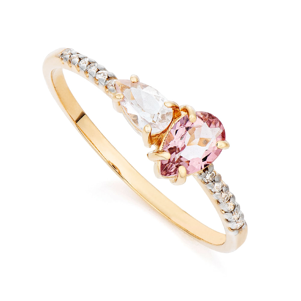 Anel de Ouro Dezoito kilates Turmalina e Quartzo Rosa Joiasgold