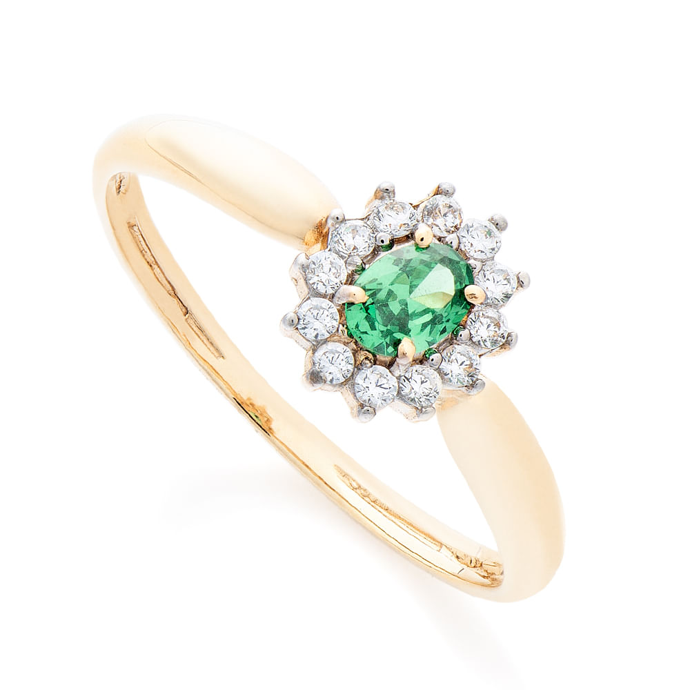 Anel de Ouro Dezoito Kilates Zircônias Verde e Brancas Joiasgold
