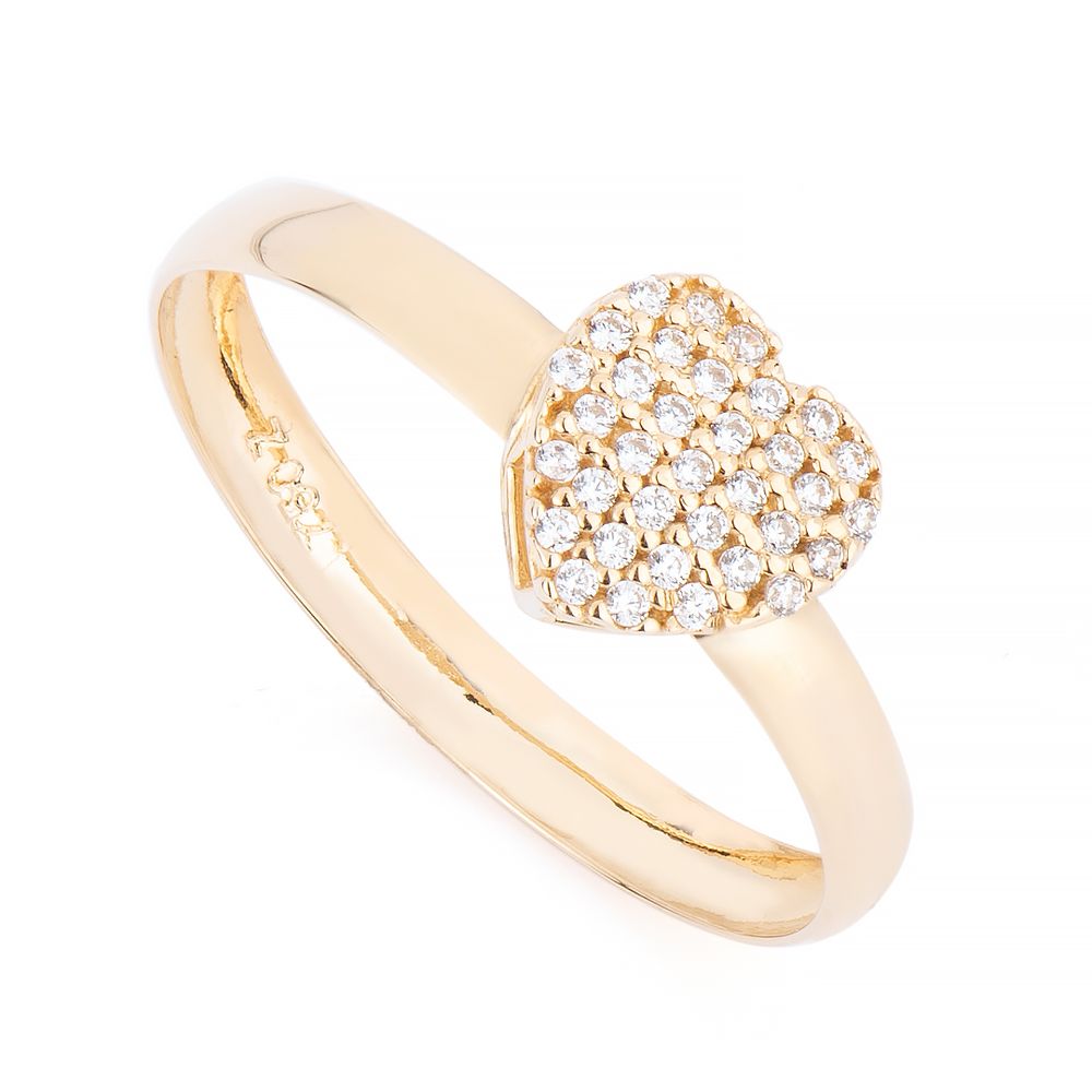 Anel de Ouro Dezoito Kilates Chuveiro Coração com Zircônias Joiasgold