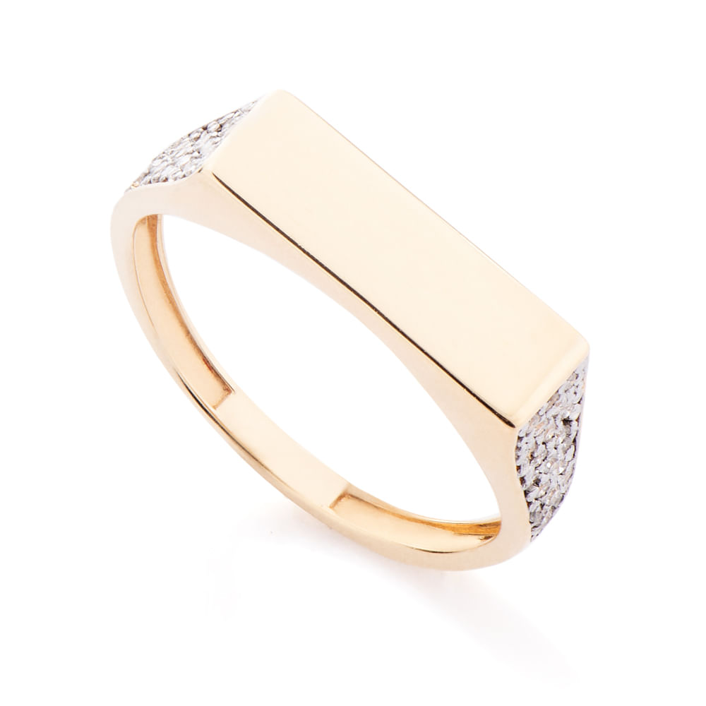 Anel de Ouro Dezoito Kilates Chapa com Diamantes na Lateral Joiasgold