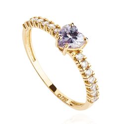 Anel de Ouro 18k Solitário Coração Zircônia Roxa Joiasgold