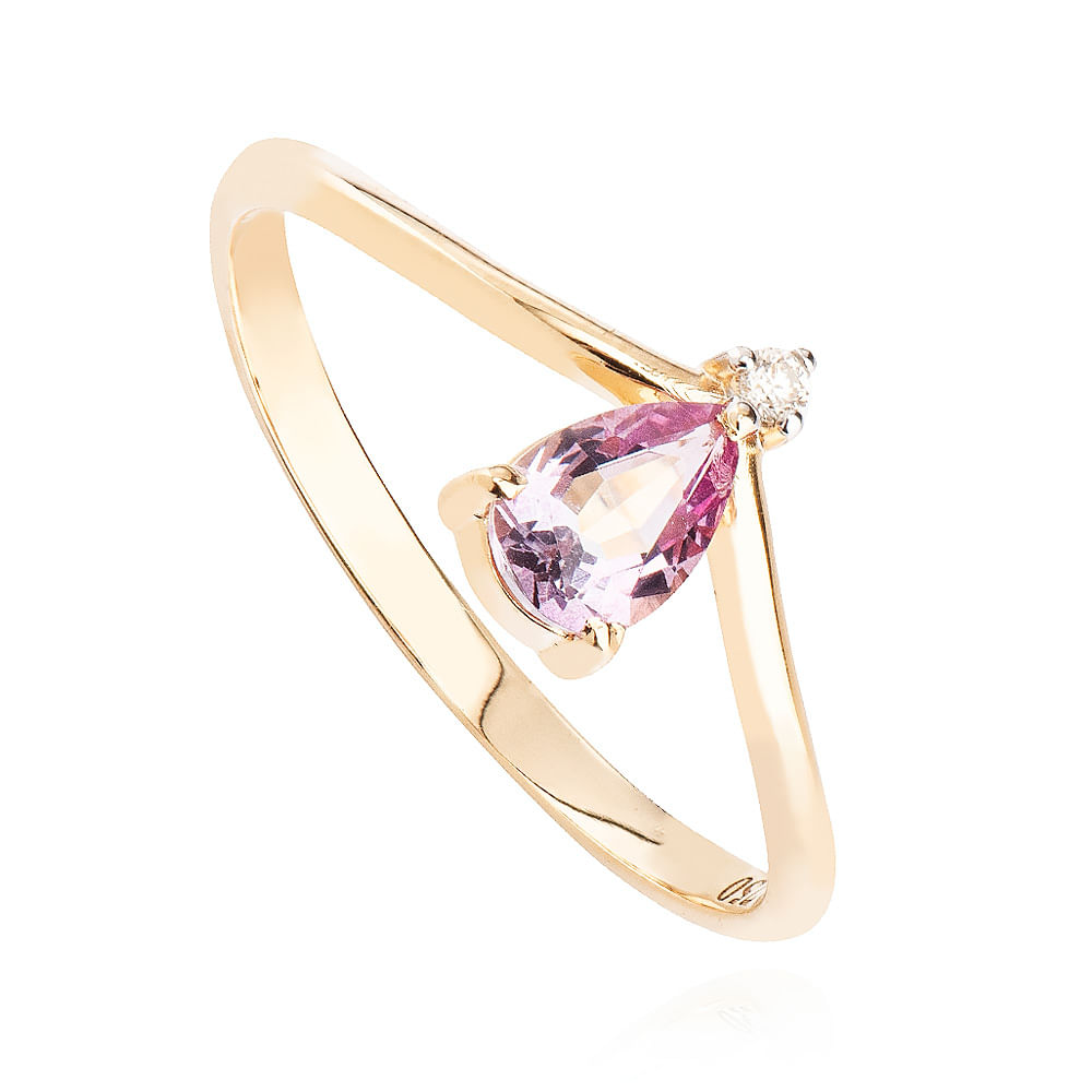 Anel de Ouro Dezoito Kilates Topázio Rosa e Diamante Joiasgold