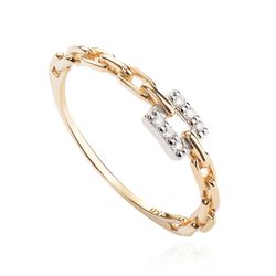 Anel de Ouro Dezoito Kilates Retângulo com Diamantes e Aro de Elos Joiasgold